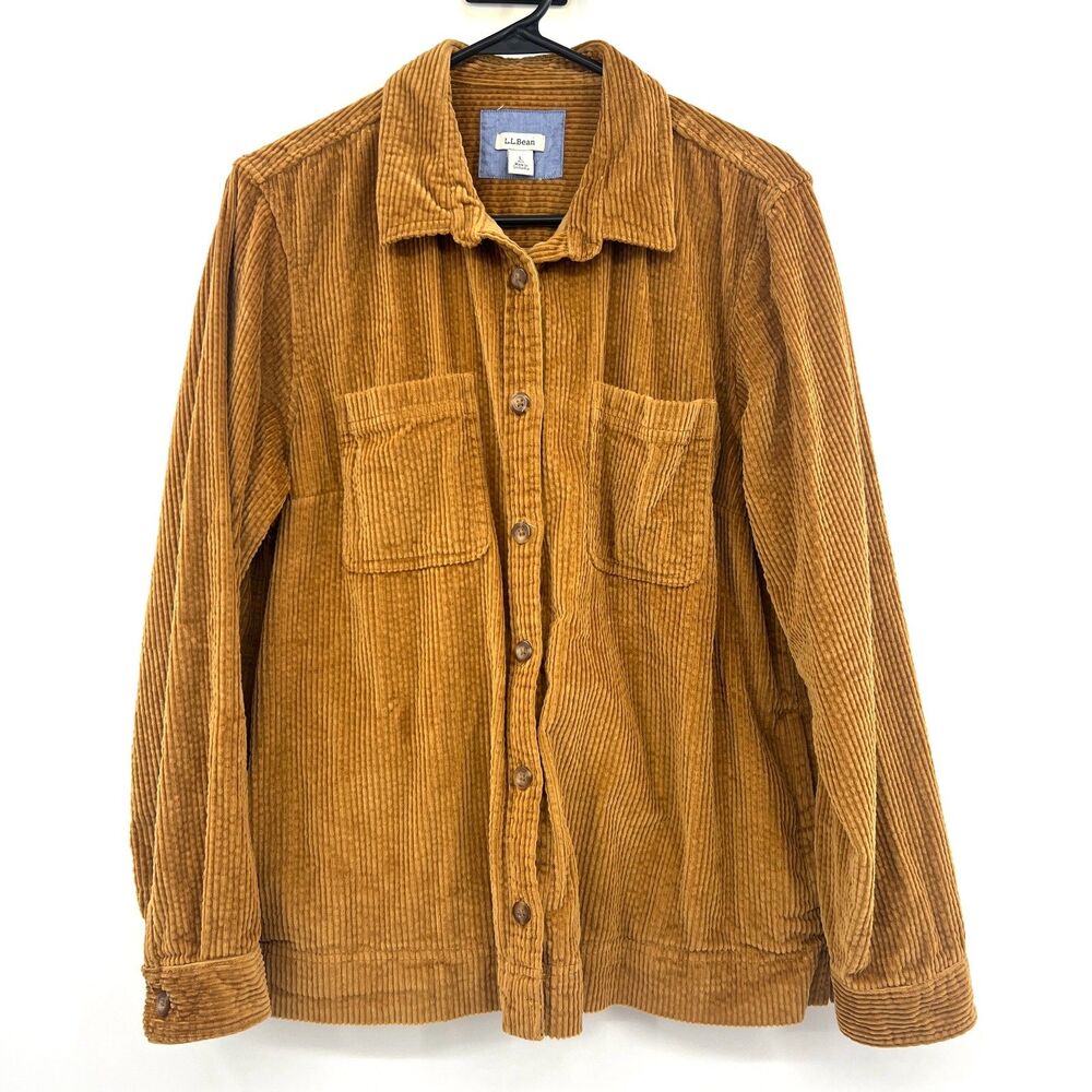 L.L.Bean Wide Wale Corduroy Shirt Jacket Womens L Petite Brown Button Shacket